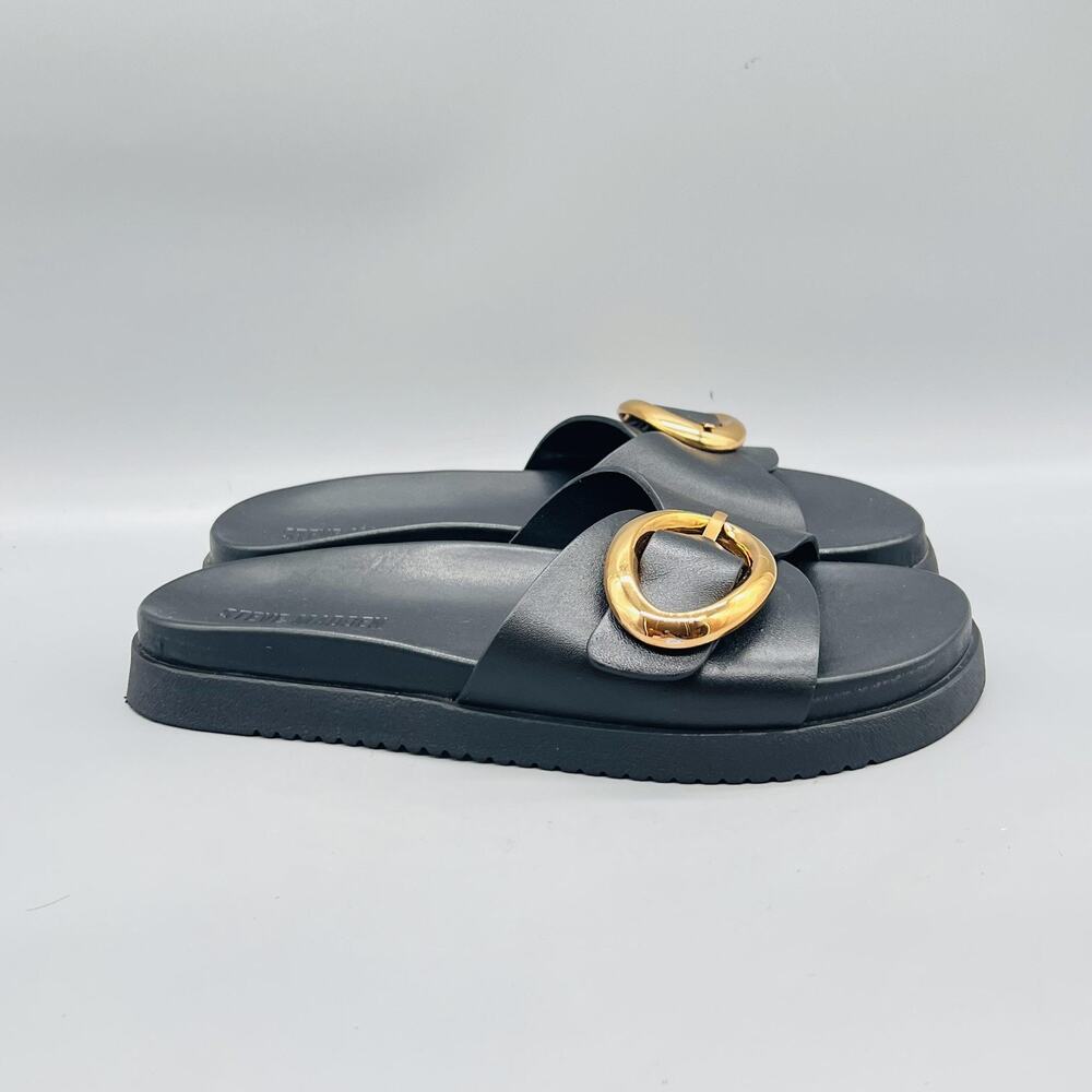 Steve Madden Sandals Womens 8.5 Black Leather Mandie Gold Buckle Slide Shoes
